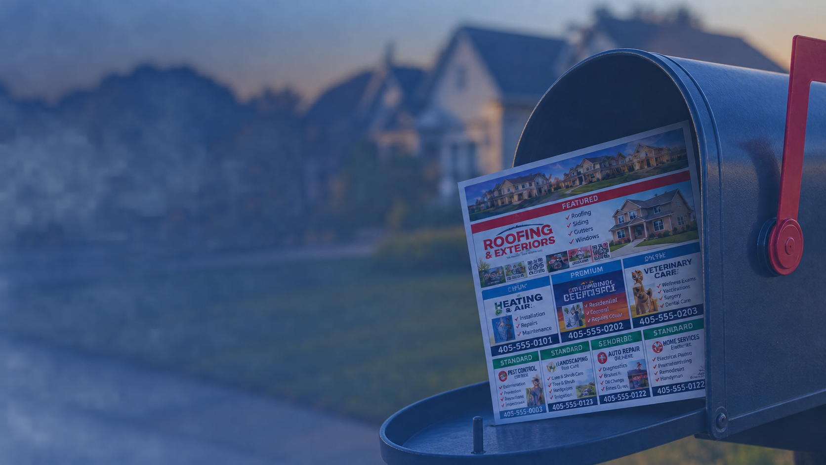 Community advertising postcard in a black mailbox at dusk